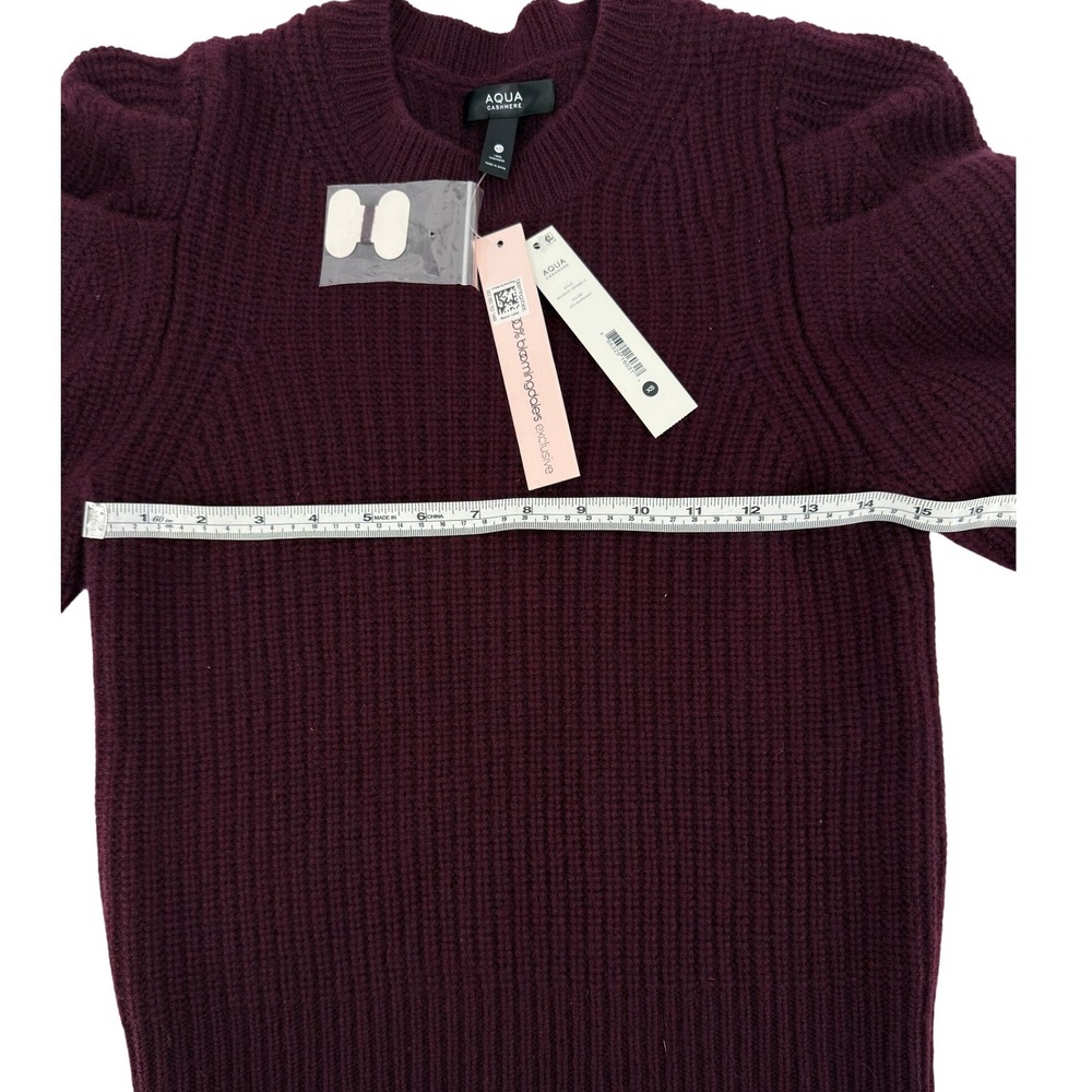 Aqua 100% Cashmere Heather Burgundy Ribbed Knit Shaker Puff Shoulder Sweater XS - Picture 6 of 7